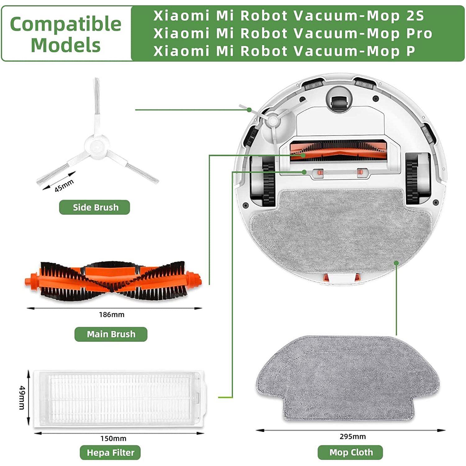 Replacement accessories for Xiaomi Mi Robot Vacuum Mop 2S / Mop P / Mop Pro  / STYJ02YM / XMSTJQR2S, 1 main brush, 4 side - FixMobile