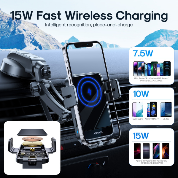 JR-ZS219 Electric Wireless Car Charger Holder With LED Ring (Dashboard) 1. 15W wireless fast charging, intelligent recog